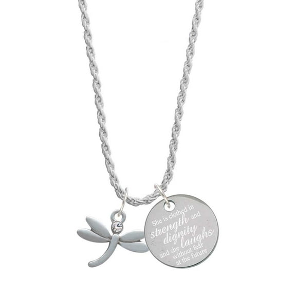 Delight Jewelry Silvertone Small Dragonfly with Crystal She is Clothed in Stength and Dignity Charm Necklace, 20" 3"