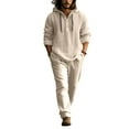 thumbnail image 3 of Natural Linen Two-Piece Set With Hooded Henley Top And Drawstring Pants Button Down Linen Shirts with Hood and Beach Pants Loose Fit Casual Vacation Outfits Khaki L, 3 of 5