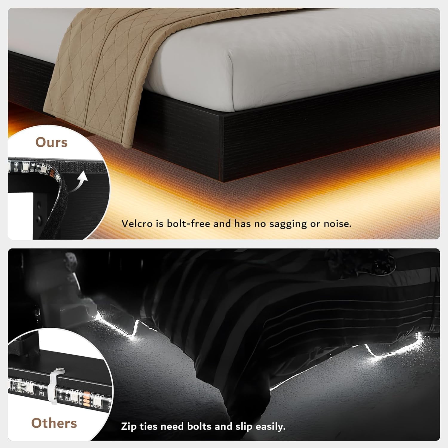 Honfach Floating Full Size Bed Frame with LED Lights & Charging Station, Platform Bed with Wooden Storage Headboard, Black.