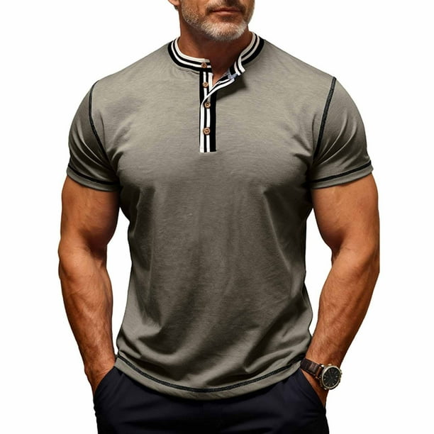 Tops para hombre, blusas y camisas de manga corta con cuello redondo para hombre, camisas casuales de verano de color liso, camisa de manga corta con botones y cuello redondo, camisa de poliéster para