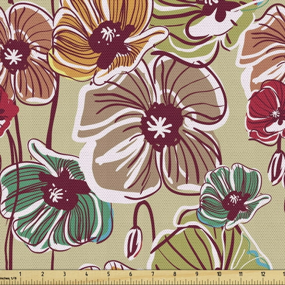 Earth Tones Fabric by the Yard, Flourishing Poppy Flowers and Buds Rich in Colors in Drawing Style Botanical, Upholstery Fabric for Dining Chairs Home Decor Accents, 5 Yards, Multicolor by Ambesonne