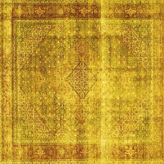 Ahgly Company Machine Washable Indoor Square Persian Yellow Traditional Area Rugs, 5' Square