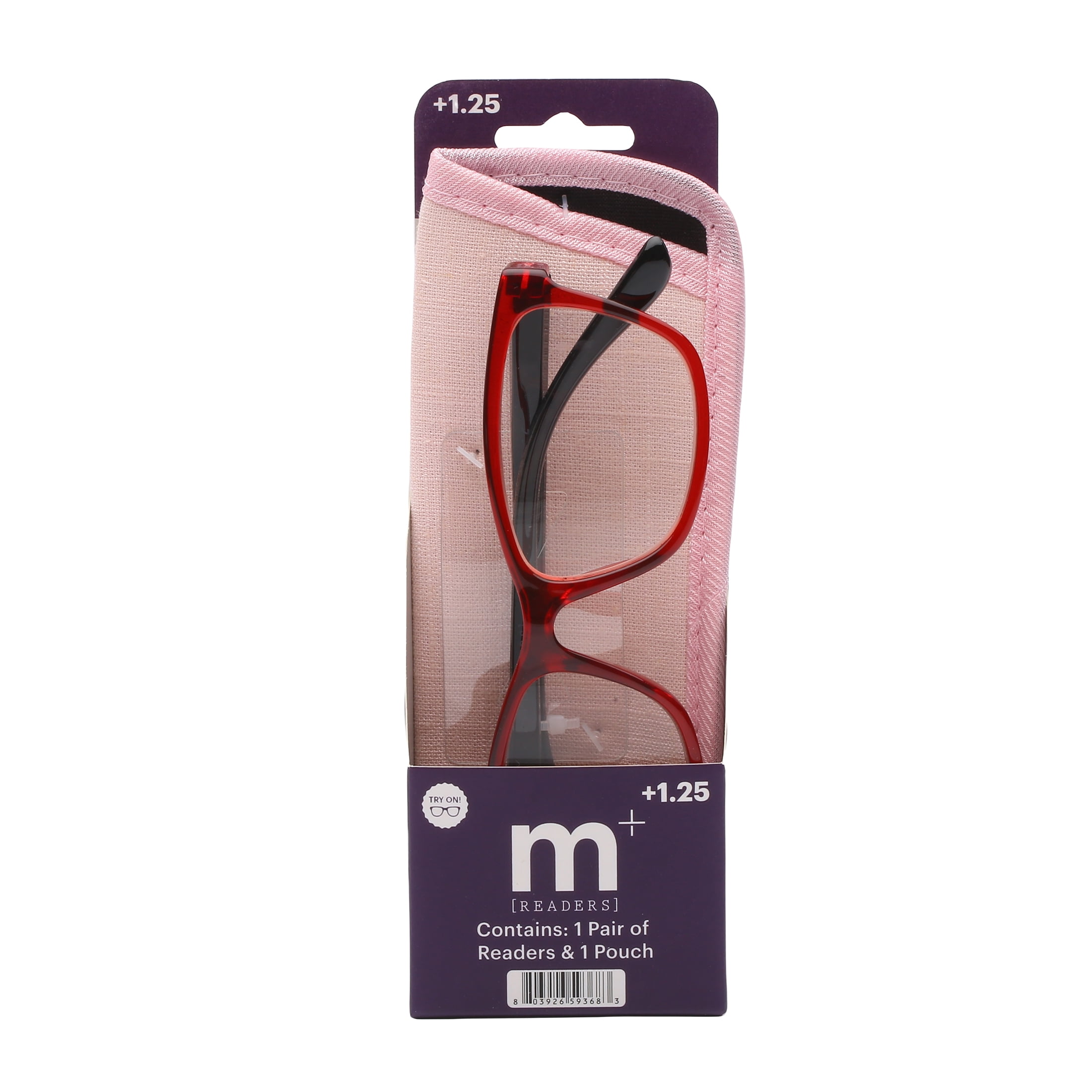 M+ Womens Spring Hinge Plastic Reading Glasses Cryrd 1.25 Rosa in Crystal Red with Pouch