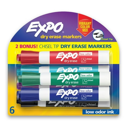 EXPO Low Odor Dry Erase Markers, Chisel Tip, Bold Colors, Includes 2 Bonus Markers, 6 Count