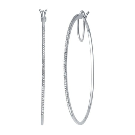 Genuine 0.02 Carat Natural Diamond Accent Hoop Earrings In 14K White Gold Plated