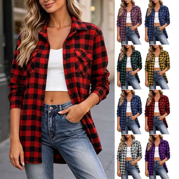 Aboser Flannel Plaid Shirt Women Long Sleeve Button Down Shacket Lightweight Casual Collared Shirts Vintage Checked Jackets for Fall Daily Wear