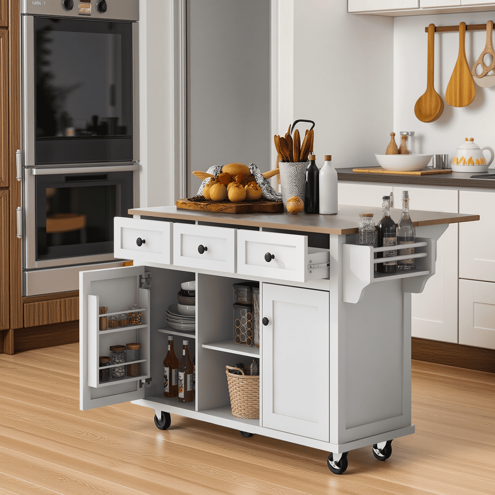 MAYEERTY Kitchen Island on 5 Wheels - Storage Cabinet & 3 Drawers, For Dining Room, White