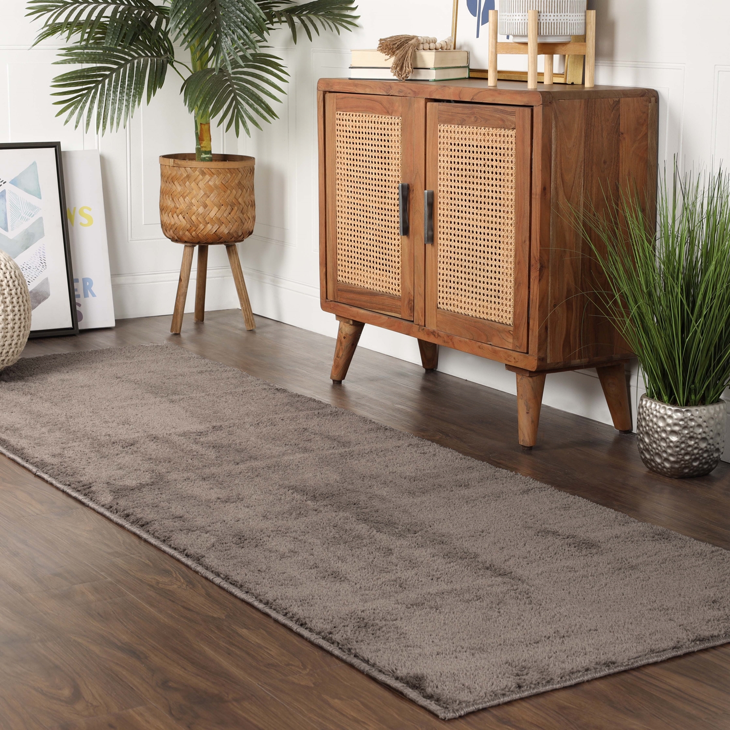 BNM Fuzzy Indoor NonSkid Shag Runner, 2'7" x 8', Warm Stone