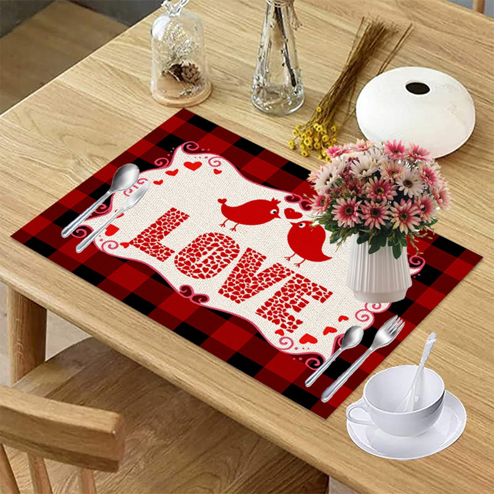 Cotton Linen Placemats Set of 6 and Table Runner 90 x 13 Hand Painting Red Heart Red and Black Durable Table Mats Set for Dining Table Catering Events Parties