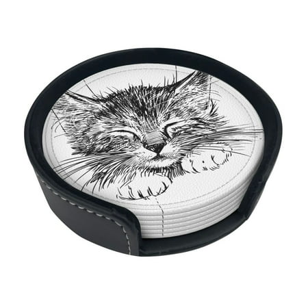 

Round Pu Leather Coaster Sleeping Sad Cat Drawing Heat - Resistant Beverage Cup Mat-Fancy Decor For Kitchen Office Dining Room Table - Drink Protector 6-Slice