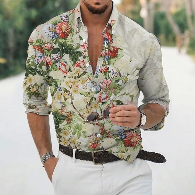 Camisa para hombre , informal, de calle, para exteriores, para uso diario, otoño e invierno, camisa floral de manga larga, suelta y cómoda, impresión 3D