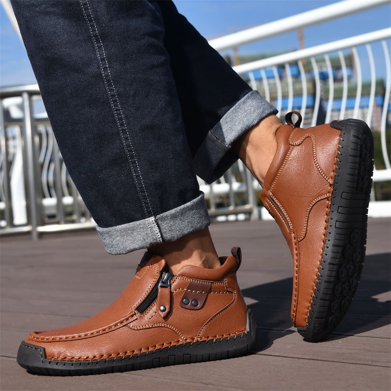 Domuza Mens Leather High-Top Loafers Handmade Side Zipper Casual