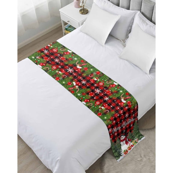Xipuska Red Plaid Snowman Christmas Bed Runners for Queen Size Bed, Decorative Bed Throws for Foot of Bed, Xmas Stockings Tree Snowflake Bed Runner Sofa Throw Bedding Scarf Slipcover for Bedroom