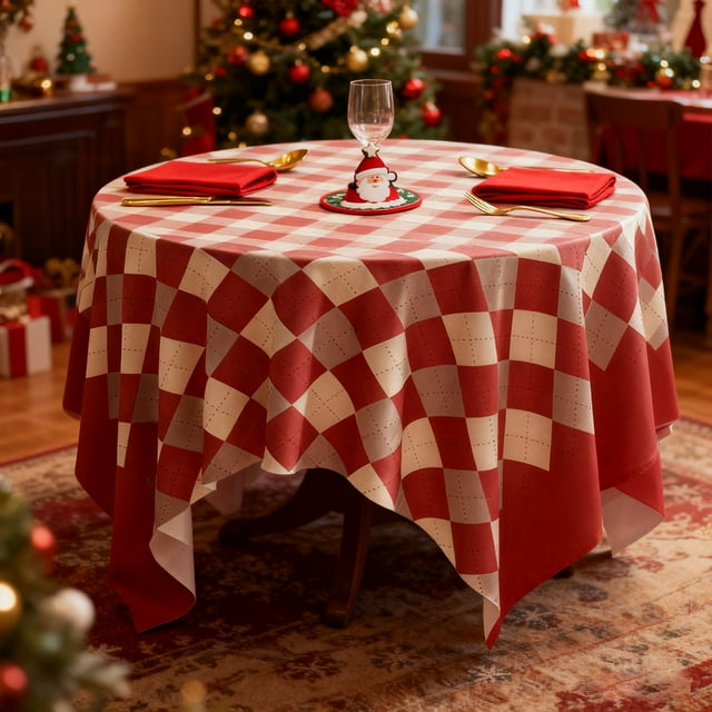 Mantel Navideño a Cuadros Rojos y Blancos | Tela de Poliéster | 120 X 120 Cm | Ideal para Mesas de Cocina y Comedor | 300 G | Decoración Navideña