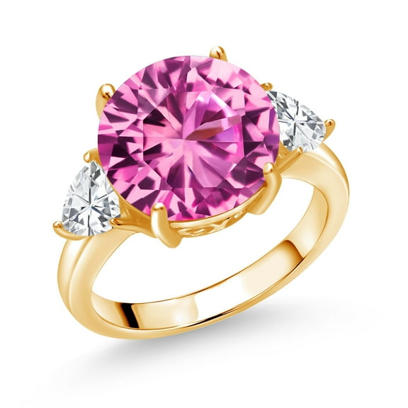 Gem Stone King 18K Yellow Gold Plated Silver Pink Created Sapphire 3-Stone Ring for Women (9.34 Cttw, Round 12MM, Trillion 5MM, Size 8)