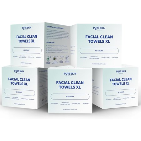 Clean Towels XL 100% USDA Dermatologist Approved Face Towel, Disposable Face Towelette, Clinically Tested Biobased Facial Washcloth, Makeup Remover Dry Wipes, Ultra Soft 60 Ct - 5 Pack