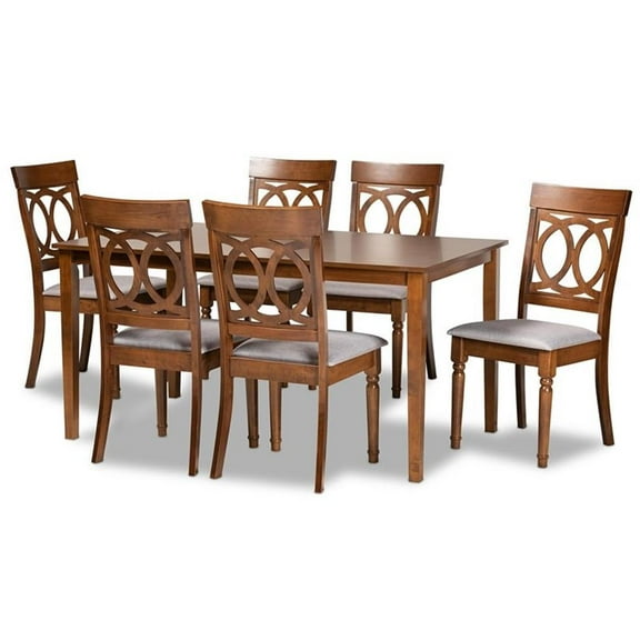 Bowery Hill Grey Fabric Upholstered and Brown Finished Wood 7-Piece Dining Set
