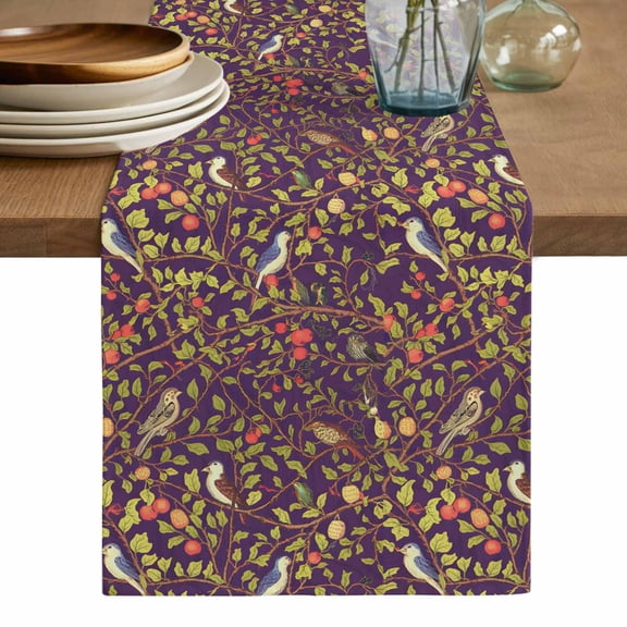 Botanical Birds Table Runner, Art Abstract Leaves Purple Washable Cotton Linen Table Runners 120 Inches Long, Dresser Scarf Runner for Dining/Living Room/Kitchen/Square Tables 13''x120''