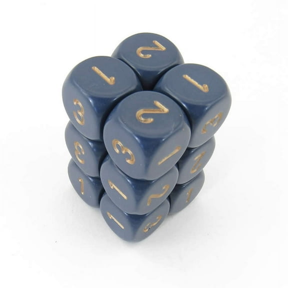 Dusty Blue Opaque Dice with Gold Numbers D3 (d6 1-3 Twice) 16mm (5/8in) Pack of 12 Wondertrail