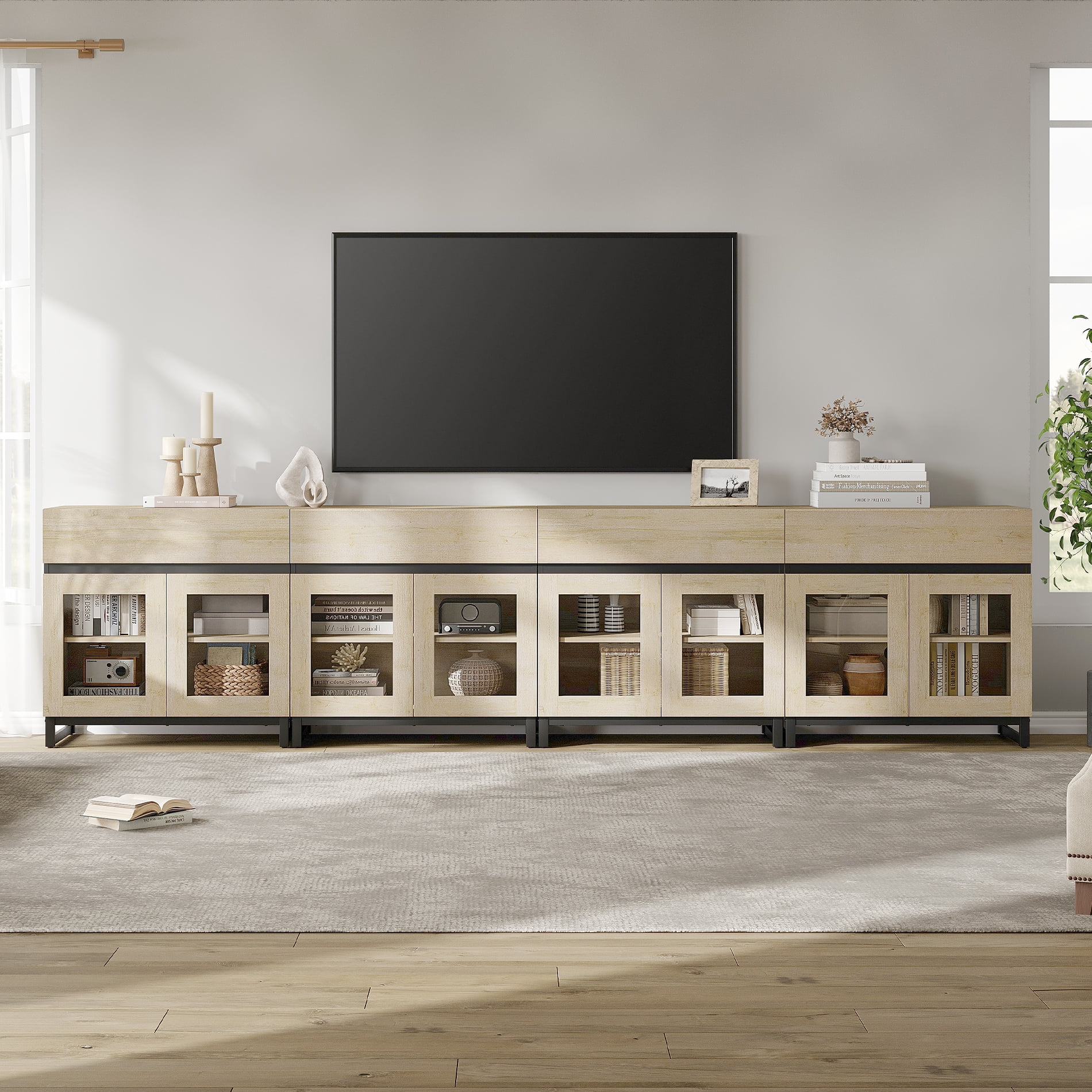 WAMPAT 4-in-1 Modern TV Stand with Glass Doors & 4 Drawers, Metal Base Entertainment Center for 120 Inch TVs, Media Console for Living Room & Bedroom