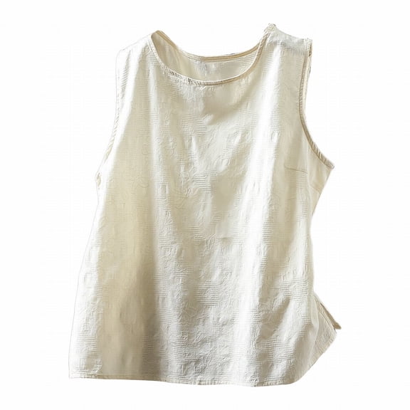 ManxiVoo Jacquard Sleeveless Tank Top for Women Breathable Layering Tank in Relaxed Fit with Modern Round Neck L Size Beige