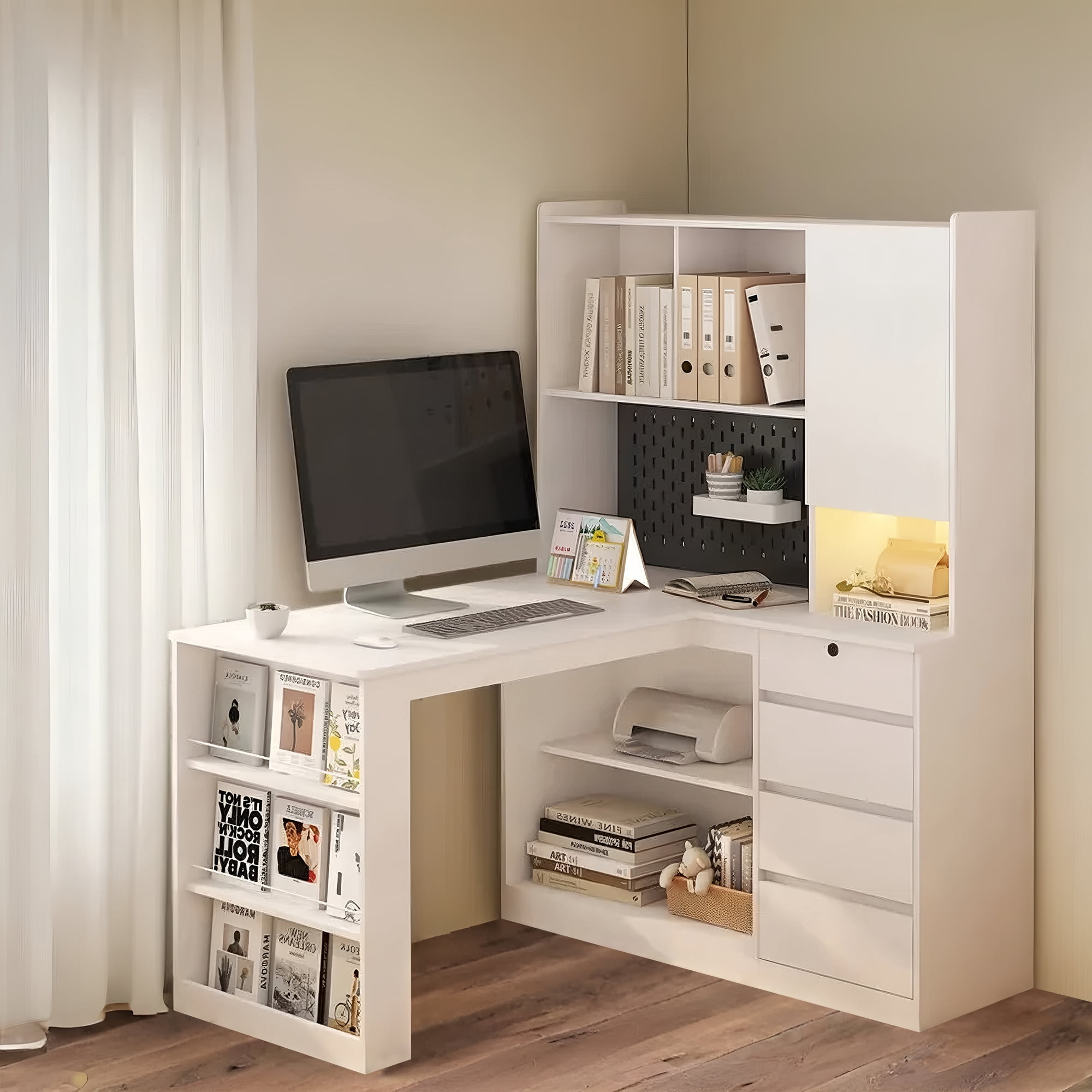MDQMD L Shaped Computer Desk with 4 Drawers,White Home Office Desk with Power Outlet and Bookshelves,Corner Gaming Desk with Hutch