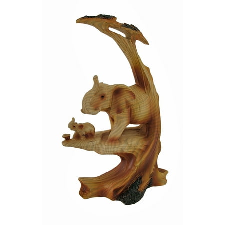 Trunk Up Mother Elephant and Calf Faux Wood Carving Statue