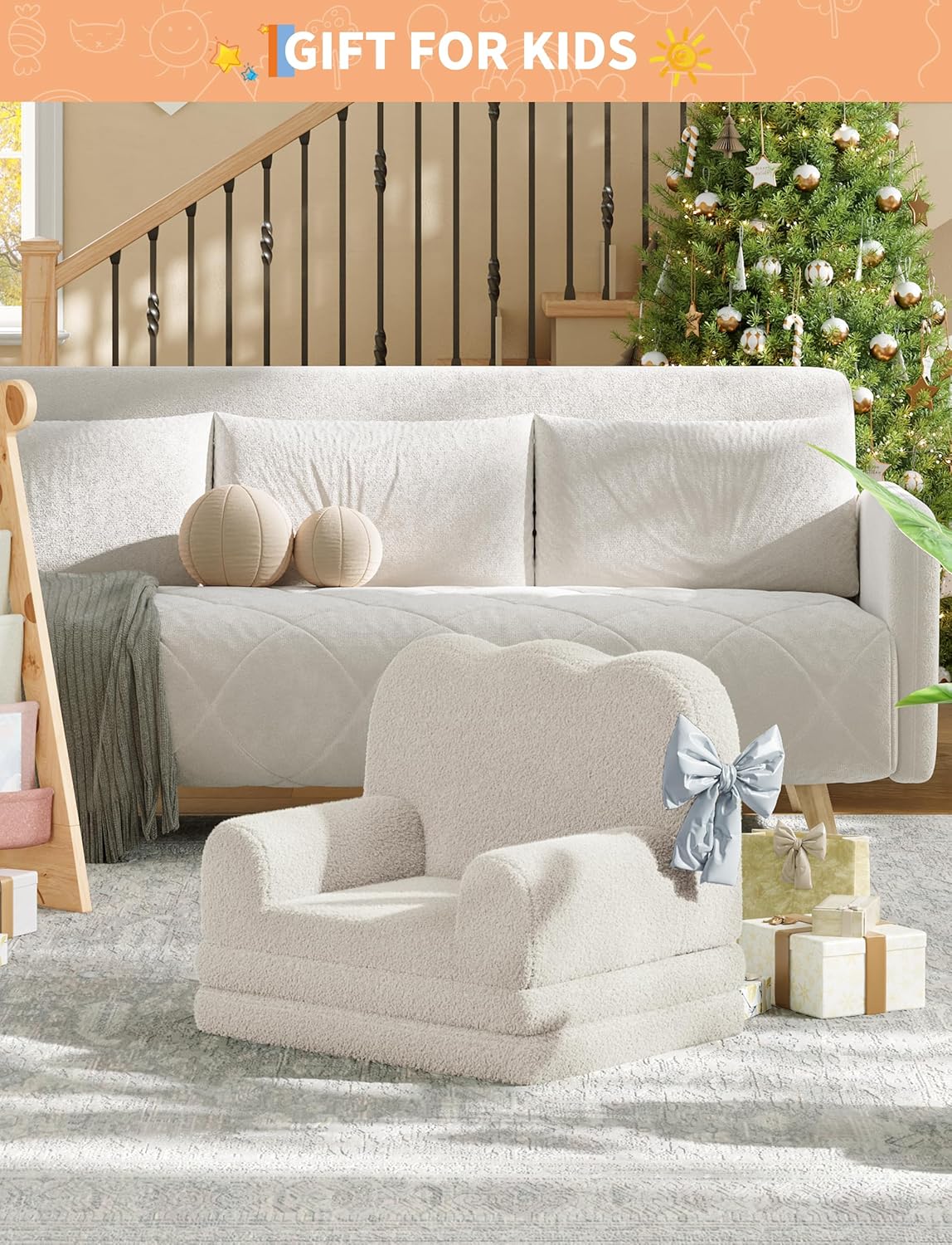 2-in-1 Convertible Kids Couch - Soft Teddy Fleece Toddler Sofa Chair and Fold Out Lounger, White