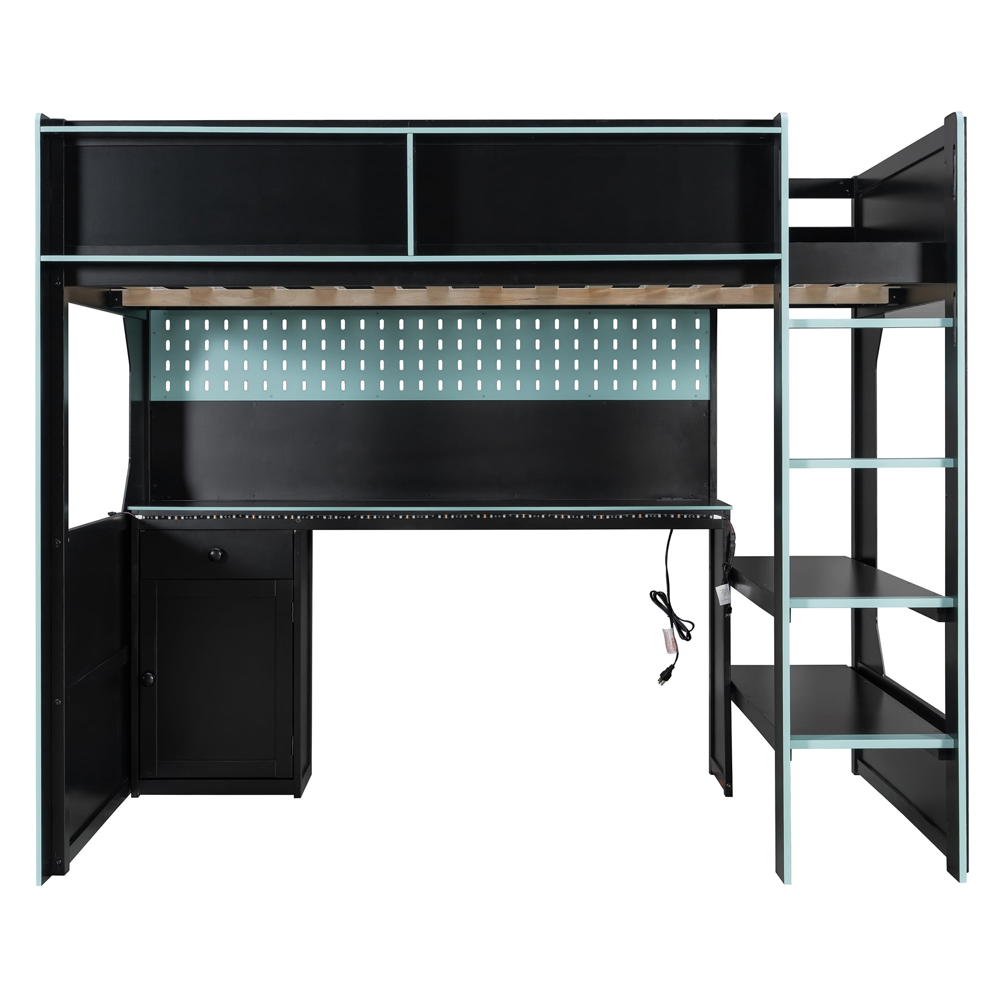 Mintazer Full Size Gaming Loft Bed with Desk & LED Lights, Modern Bed Frame with Storage Shelves & Pegboard and Charging Station for Dorm Bedroom Apartment, Black & Blue