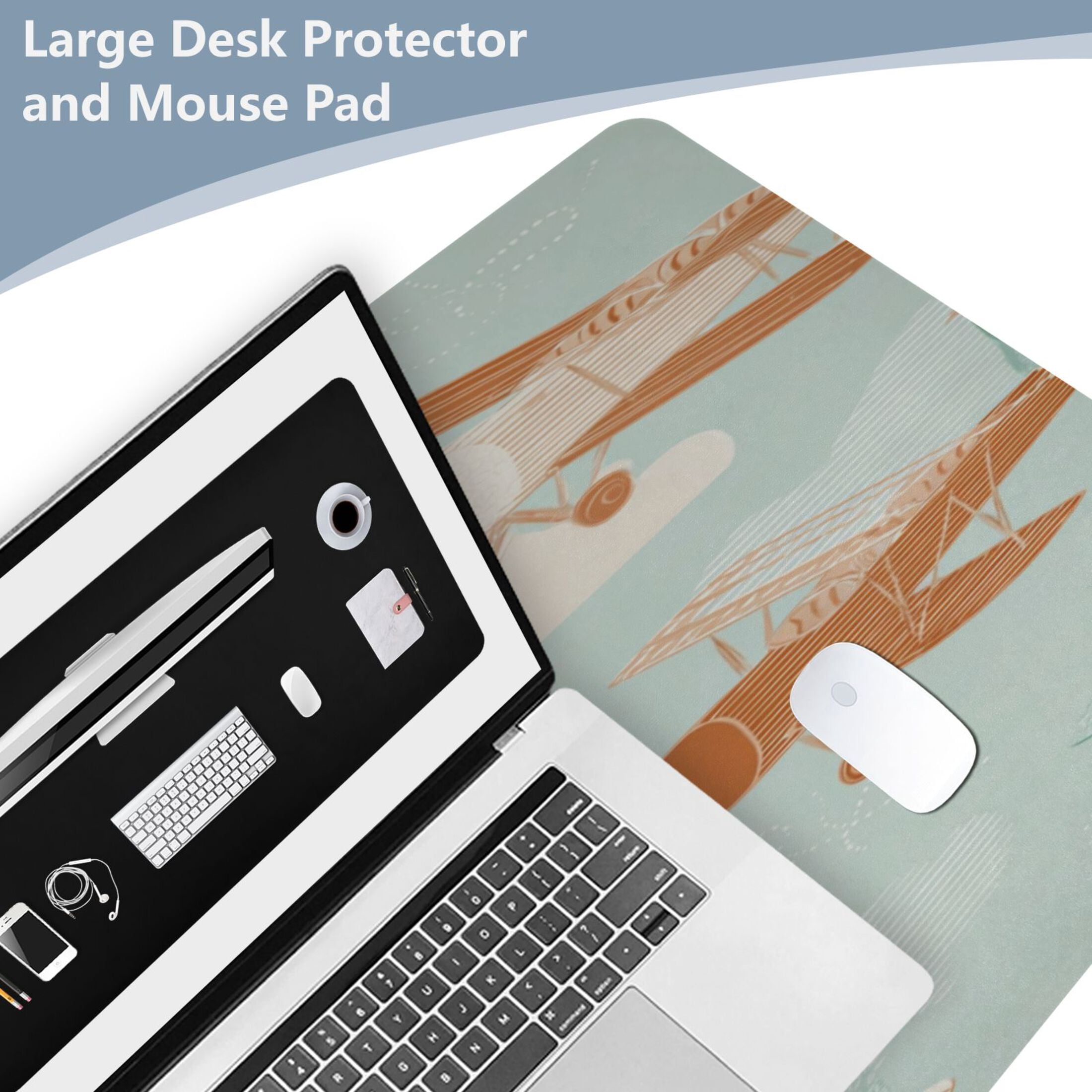 Leather Keyboard and Mouse Desk Mat Office Desk Accessories Protective Office Desk Decor Desk Pad Mat for Gaming, Work from Home, Office Cute Airplanes 23.6" x 47.2"