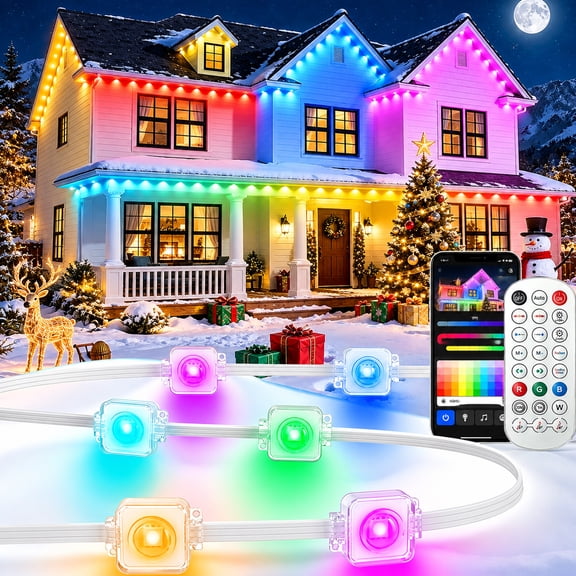 Prociv Permanent Outdoor Lights 100ft, Outdoor Christmas Lights, Smart RGB App Control with 60 LEDs, LED Eaves Lights IP67 Waterproof, House Roof Outdoor Lighting for Party, Daily, Halloween, Garden