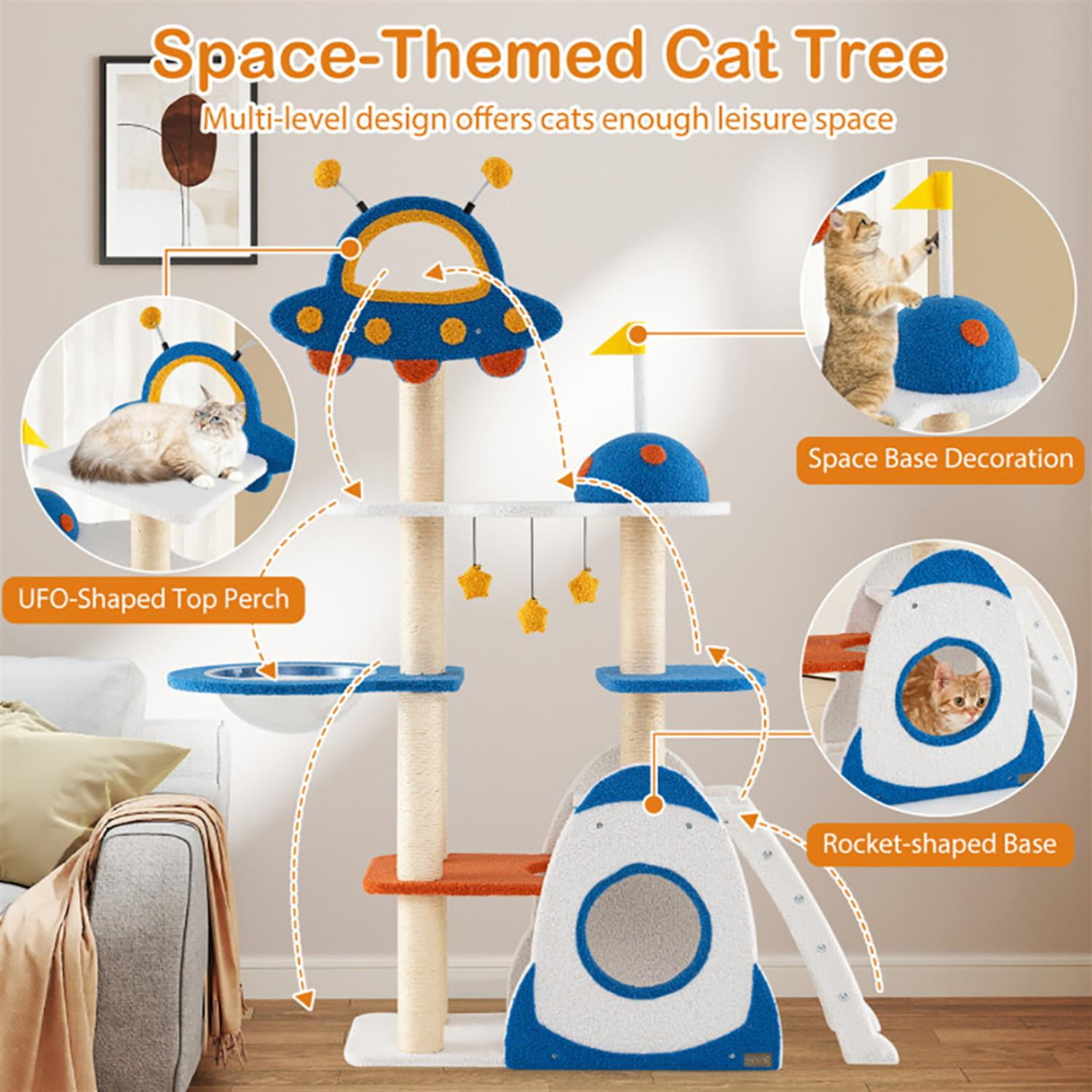 resenkos 64" Cat Tree with Toy, Cat Tower Condo for Indoor Cats with UFO Top Perch Space Capsule, Cozy Hammock and Sisal Scratching Posts, Blue