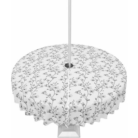 

Outdoor Tablecloth with Umbrella Hole and Zipper 60R Gray Flowers Branches Pattern Table Cover for Round Tables Waterproof Tabletop Collection for Patio Garden Picnic Camping