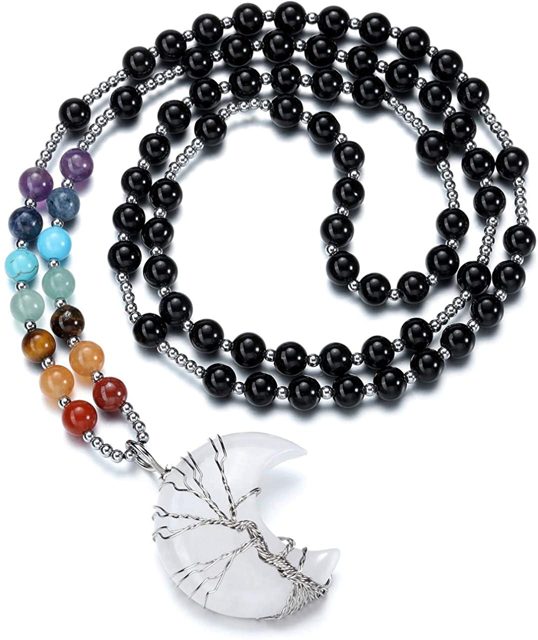 Natural Gemstones Moon and Stars Reiki Chakra Healing Beads Pendant Necklaces 