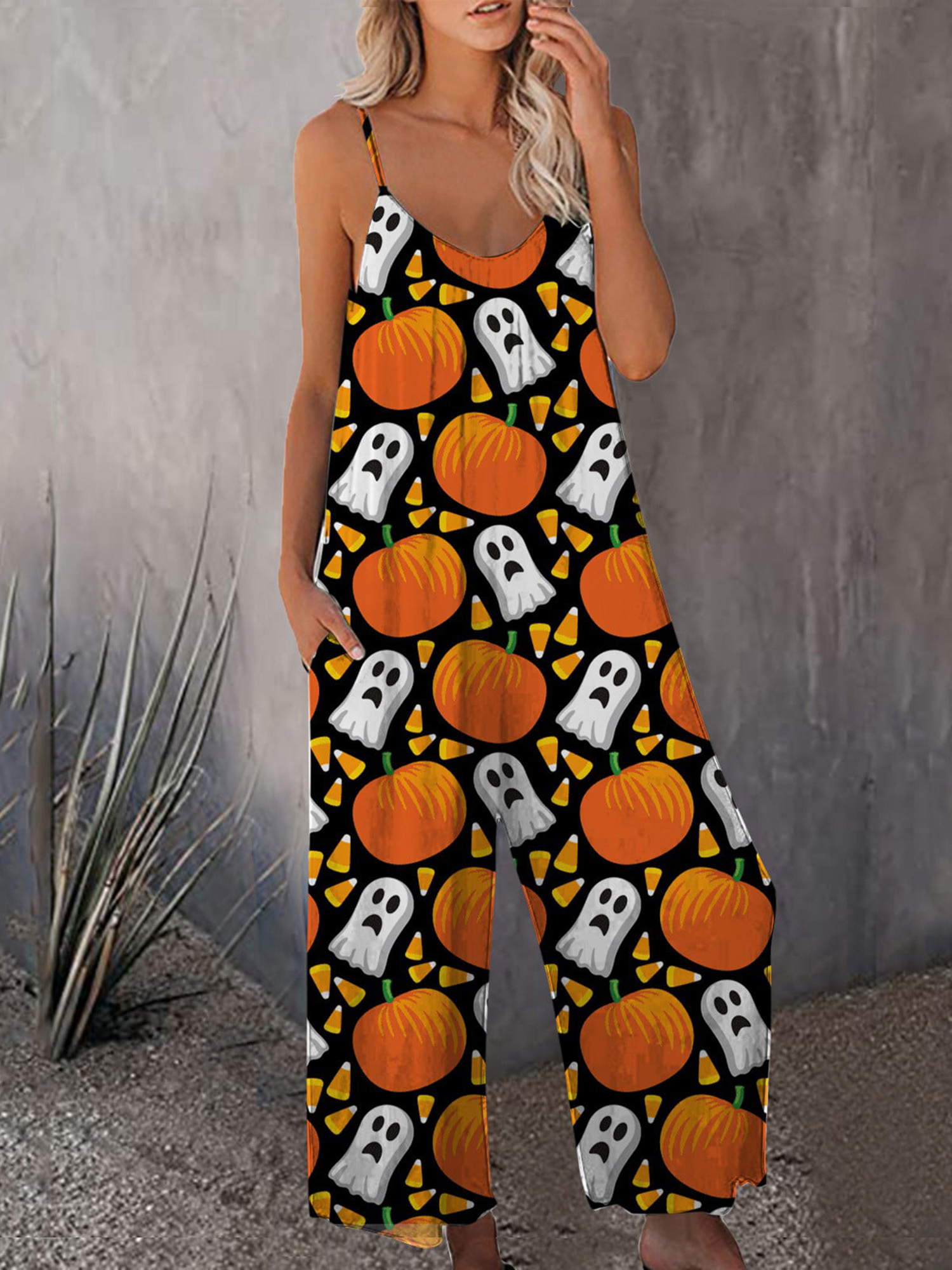 Women's Halloween Strap Jumpsuit Sleeveless One Piece Pumpkin Bat Cat Romper Playsuit Spaghetti Strap Baggy Overalls Pants
