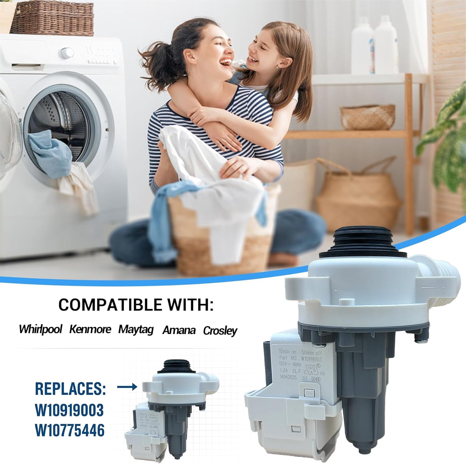 W10919003 W10775446 Washer Drain Pump Compatible with Whirl-pool  Ken-more May-tag Washers Replaces AP6038235, 4461359, EAP11770076, PS11770076