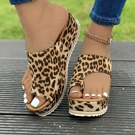 

Women s Leopard Print Platform Sandals Toe Loop Slip On Wedge Shoes Casual Outdoor Summer Sandals Comfortable Summer Shoes