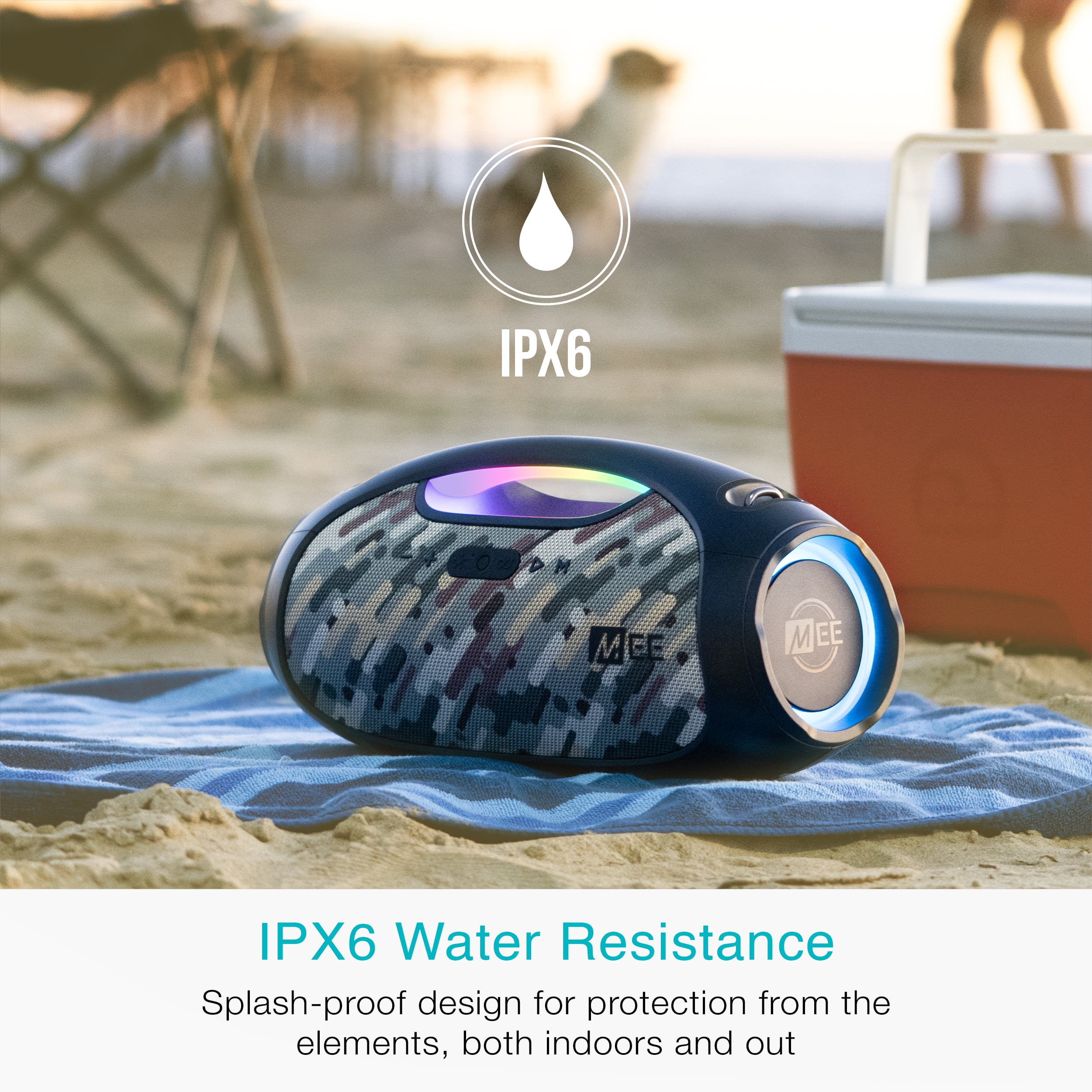MEE audio partySPKR Bluetooth Wireless Speaker with Dynamic LED Lighting, 2 Subwoofers for Powerful Sound, Connect 100+ Together; Large Yet Portable for Indoor/Outdoor Use (Camo)