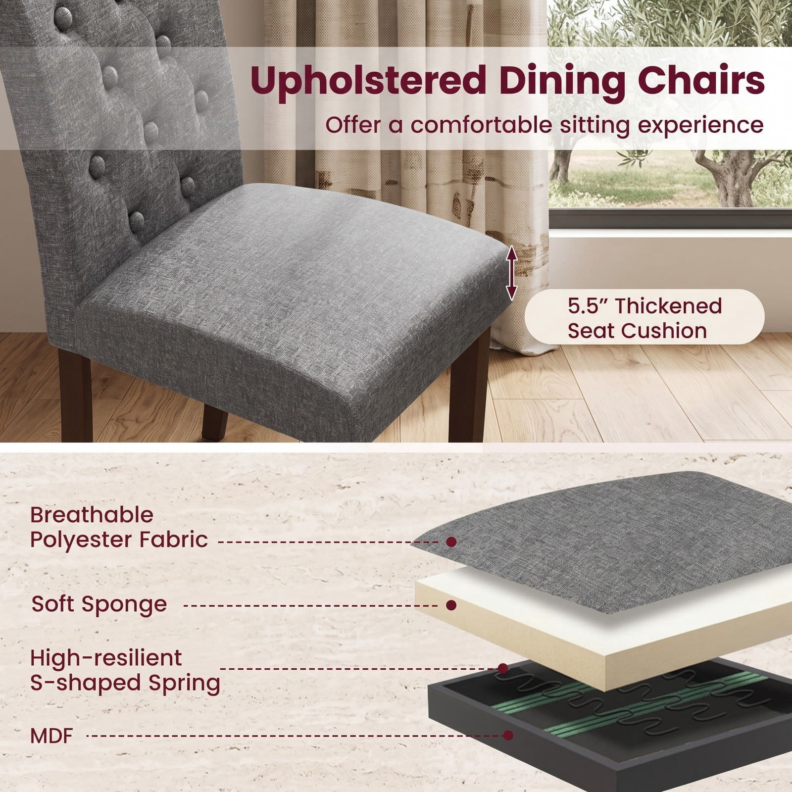 Furnibear Button Tufted Fabric Upholstered Dining Chair Set of 2, High Curved Back Accent Side Chairs with Rubber Wood Legs for Kitchen Living Room Reception, Gray