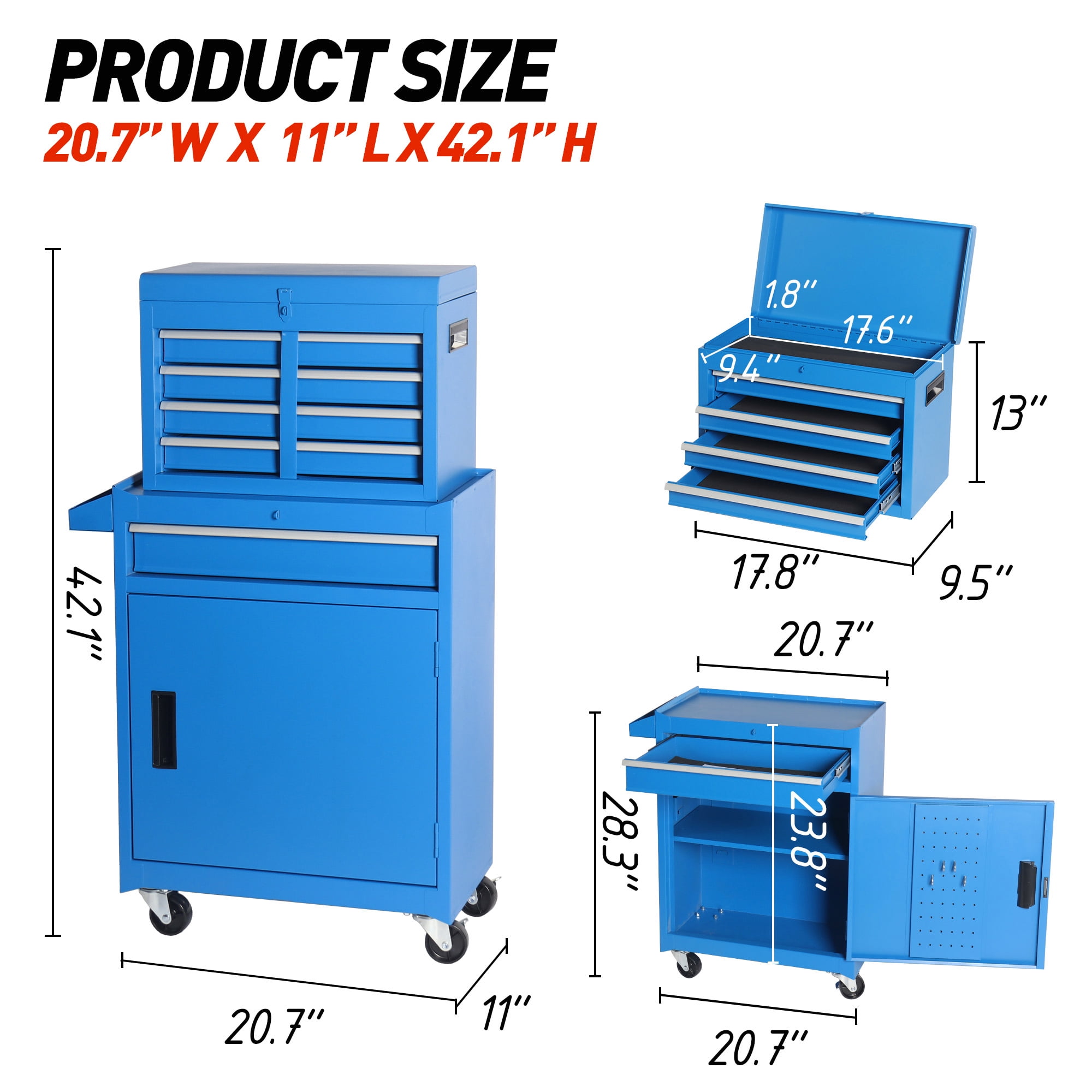 2-IN-1 Tool Chest, 20-Inch 5-Drawer Rolling Tool Storage Cabinet with Detachable Top Tool Box Adjustable Shelf, Locking Metal Tool Cart for Garage Workshop