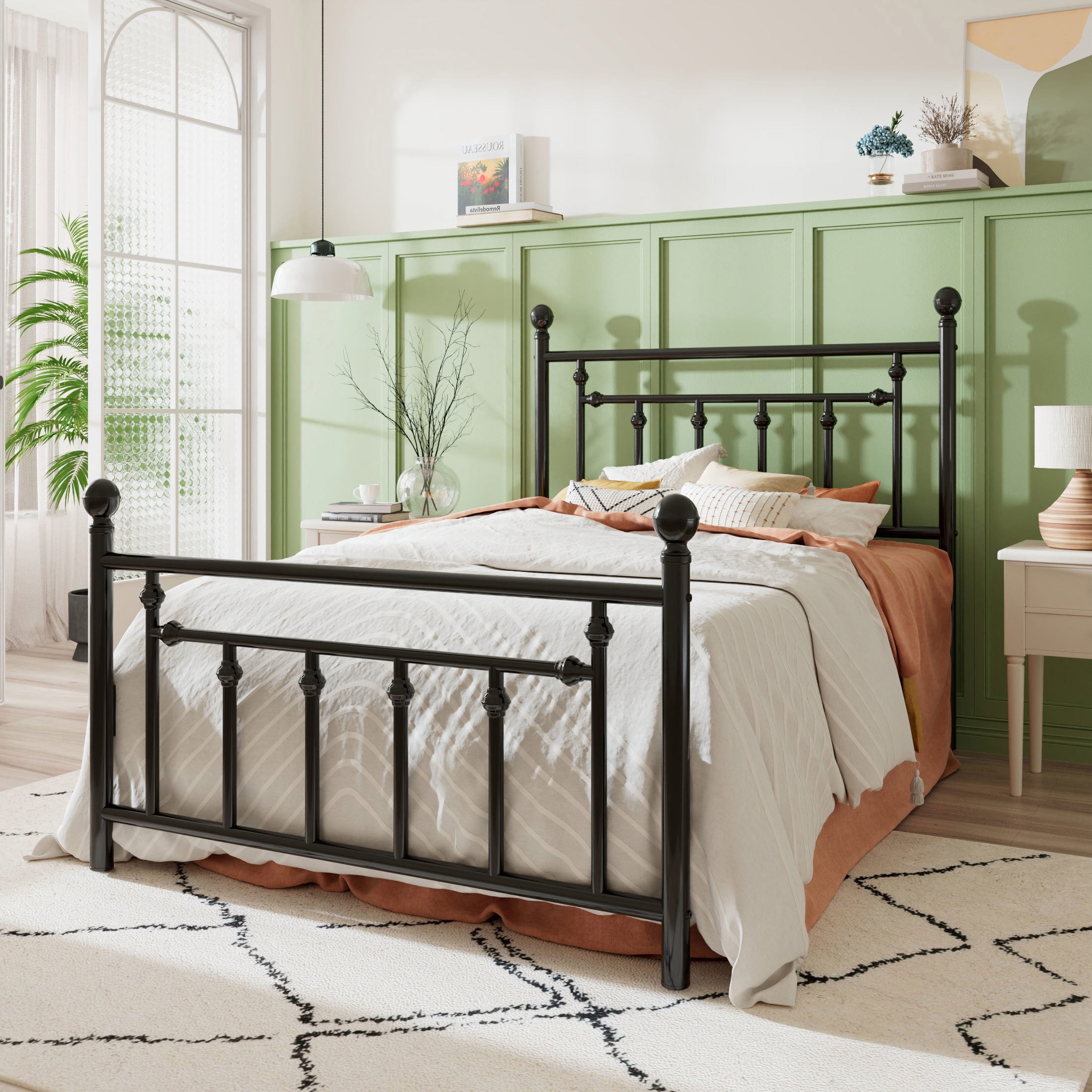 Sha Cerlin Black Twin Size Metal Platform Bed Frame with Victorian Vintage Headboard & Footboard
