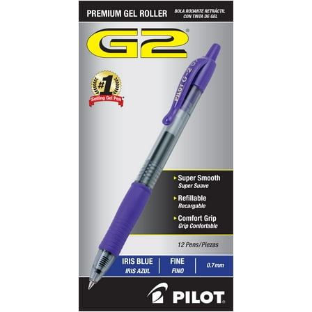 Pilot, G2 Premium Gel Roller Pens, Fine Point 0.7 mm, Iris Blue, Pack of 12