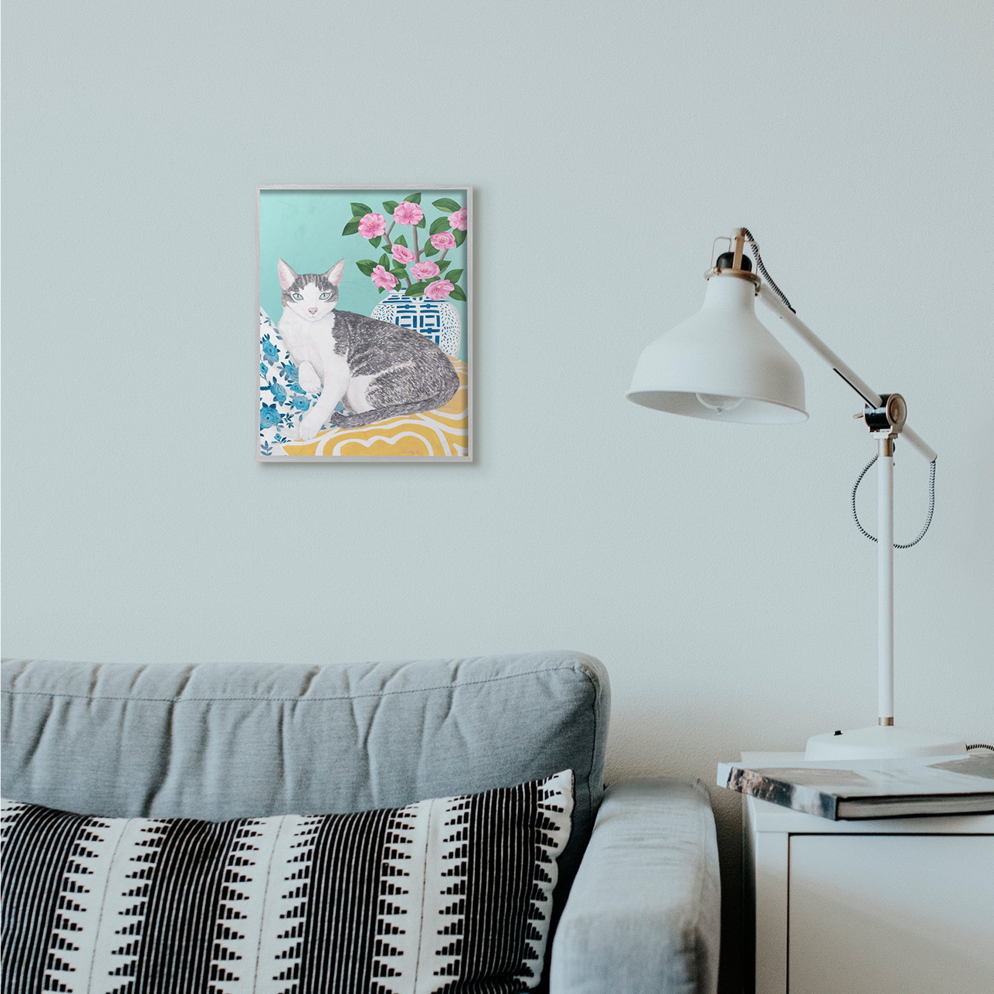 Stupell Industries Cat With Cushion And Vase Pastel Animal Painting Gray Framed Art Print Wall Art, 11x14, by Sally B
