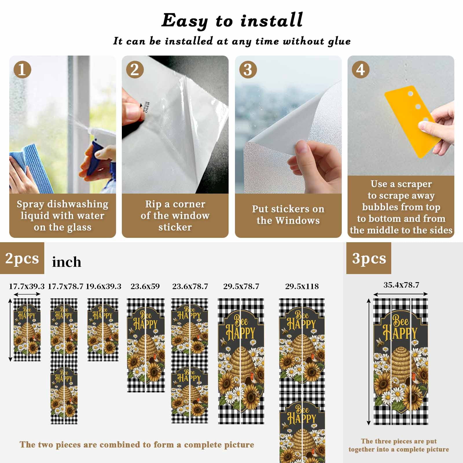 Happy Bee Window Privacy Film, Cartoon Bee Honeycomb White Daisy Black White Lattice Frame Frosted Glass Window Clings Static Cling UV Heat Blocking Reusable Door Sticker for Bathroom 23.6 x 59 Inch