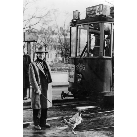 Tram Streetca in the 40's in Holland and a Man Out for a Walk with His Rooster Print Wall