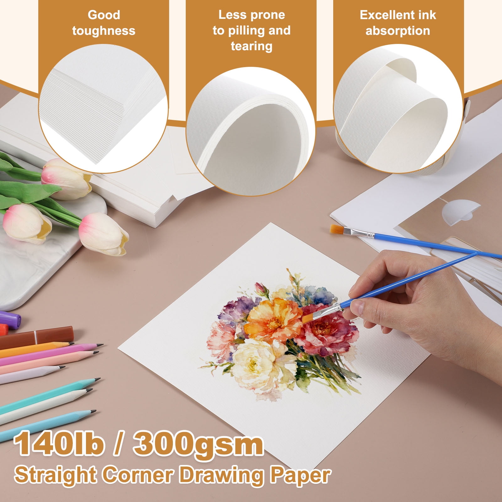 Uxcell 52 Pcs Watercolor Paper 8 x 8 Inch 140lb/300gsm Artist Painting Drawing Paper Bulk Cold Press Water Color Paint Sheet for Sketchbook Journal (Straight Corner), White