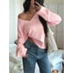 thumbnail image 5 of Suéter Informal Cómodo de Color Liso con Cuello en V, Larga y Punto Acanalado Suave para Mujer. Rosa L, 5 of 7
