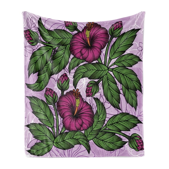 Floral Soft Flannel Fleece Throw Blanket, Abstract Composition of Hibiscus Buds and Blossoms Green Leaves, Cozy Plush for Indoor and Outdoor Use, 60" x 80", Lilac Purple Olive Green, by Ambesonne