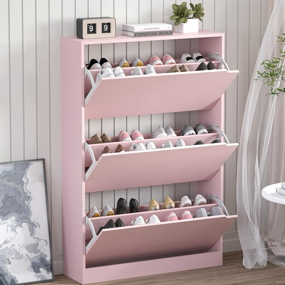 Wubio Shoe Cabinet with 3 Flip Drawers, Hidden Wood Shoe Cabinet,Freestanding Shoe Storage Cabinet for Entryway Hallway.White. 47.2" H*31.5" W*9.45" D (Pink)