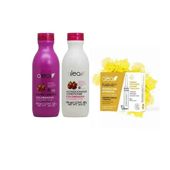 Alea S.O.S Color & Nourishing Hair Kit, with Pomegranate Extract Shampoo 500ml, Conditioner 500ml and 1 Case of 3 Flash Intensive Repair Vials 0.51 fl.oz each